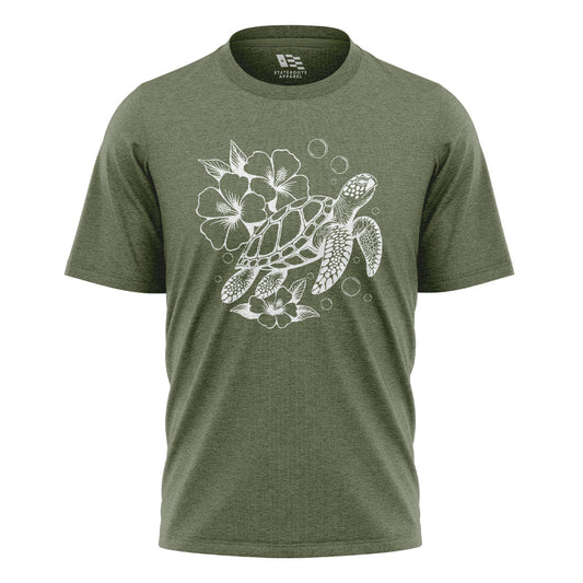 Hawaii Sea Turtle Hibiscus Tee - Military Green flatlay