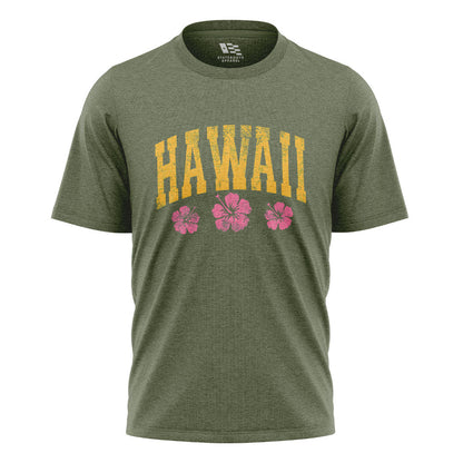 Hawaii Varsity Pink Hibiscus Tee - Military Green flatlay