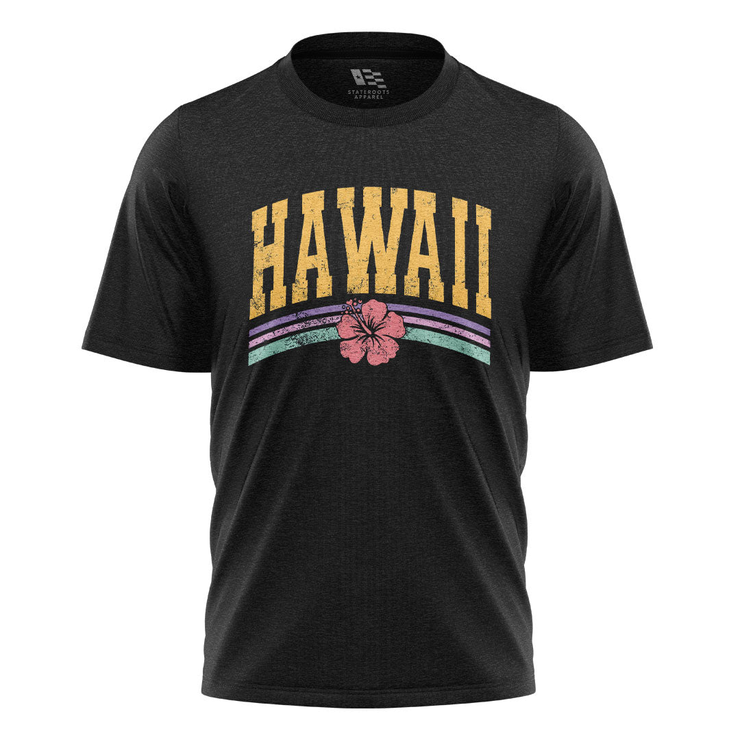 Hawaii Varsity Rainbow Hibiscus Tee - Black flatlay