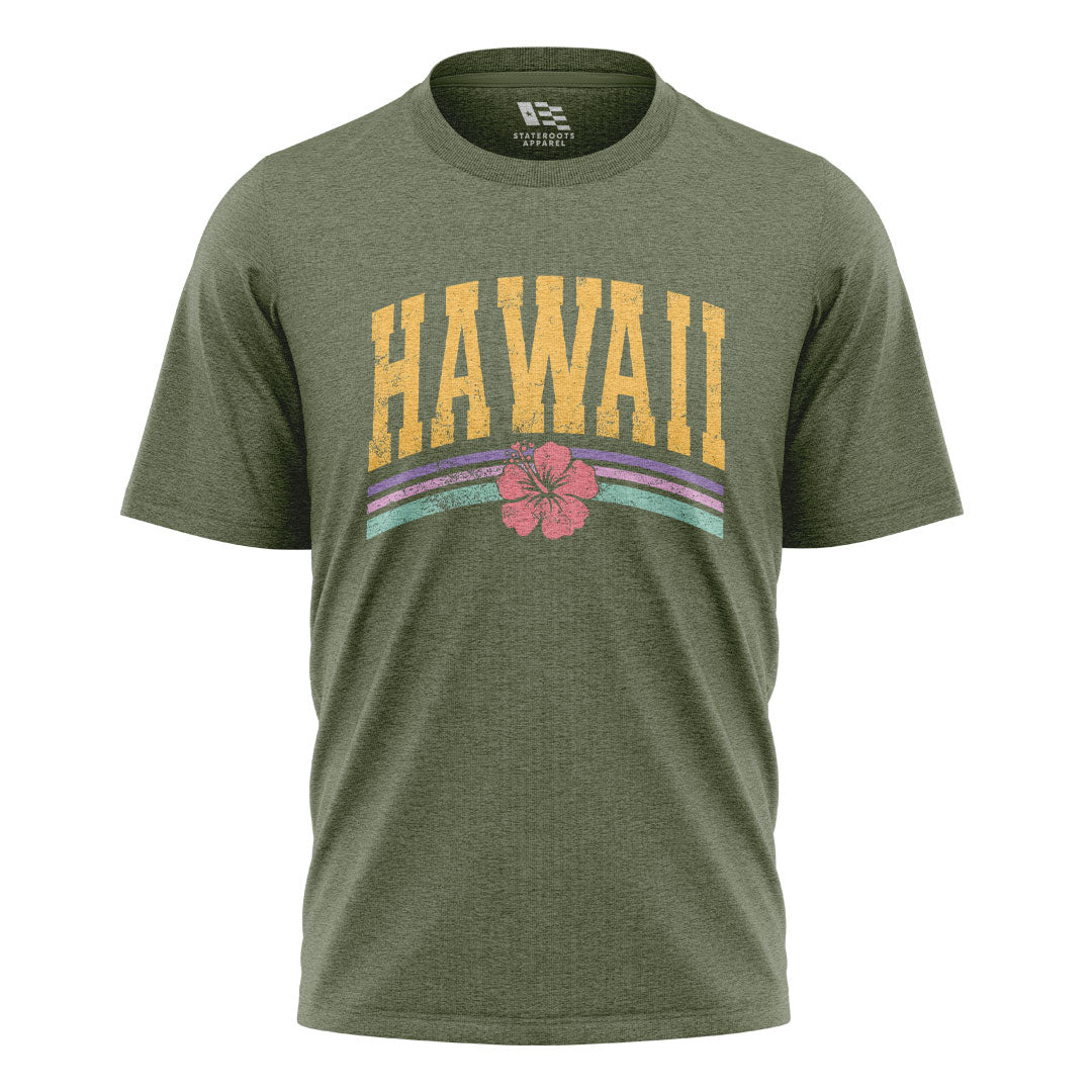 Hawaii Varsity Rainbow Hibiscus Tee - Military Green flatlay