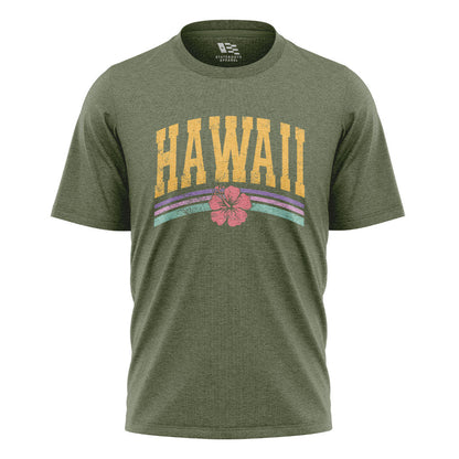 Hawaii Varsity Rainbow Hibiscus Tee - Military Green flatlay