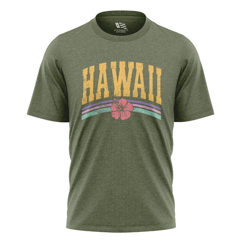 Hawaii Varsity Rainbow Hibiscus Tee - Military Green flatlay