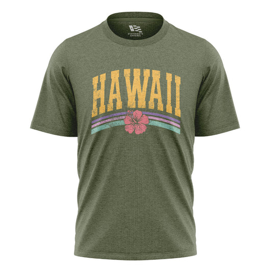 Hawaii Varsity Rainbow Hibiscus Tee - Military Green flatlay