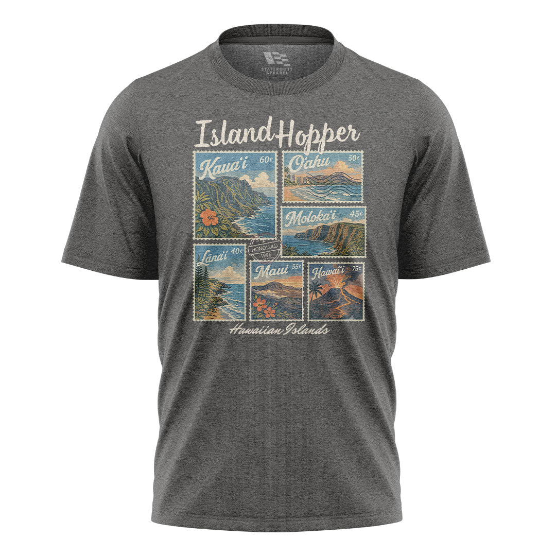 Hawaiian Islands Island Hopper Stamps Tee - Charcoal flatlay