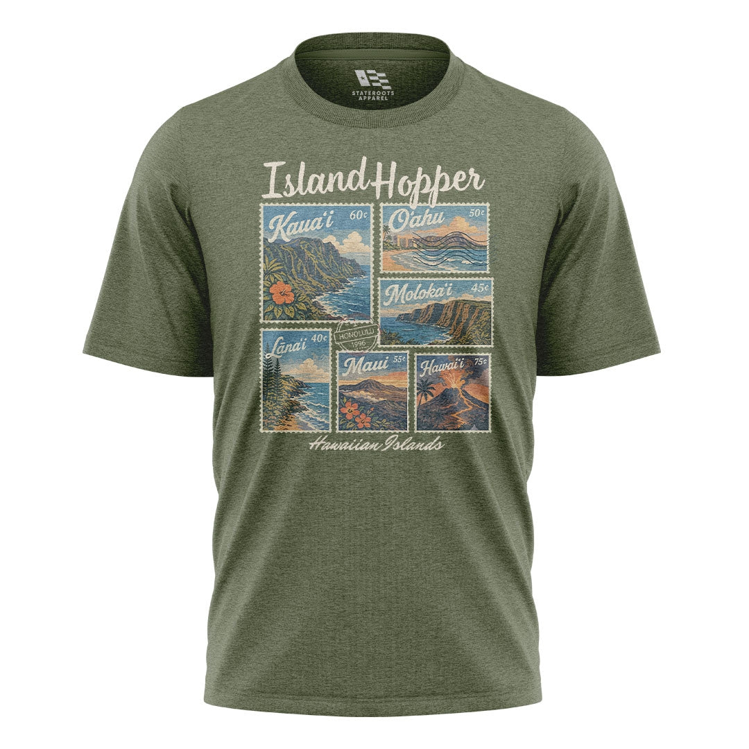 Hawaiian Islands Island Hopper Stamps Tee - Military Green flatlay