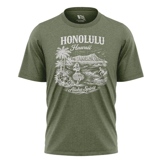 Honolulu Hawaii Aloha Spirit Tee - Military Green flatlay