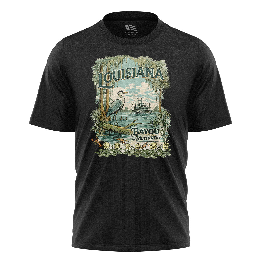 Louisiana Bayou Adventures T-Shirt | Cajun Heron Tee - Black #1