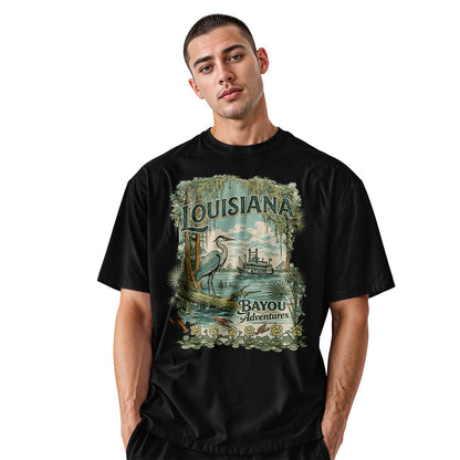 Louisiana Bayou Adventures T-Shirt | Cajun Heron Tee - Black #2