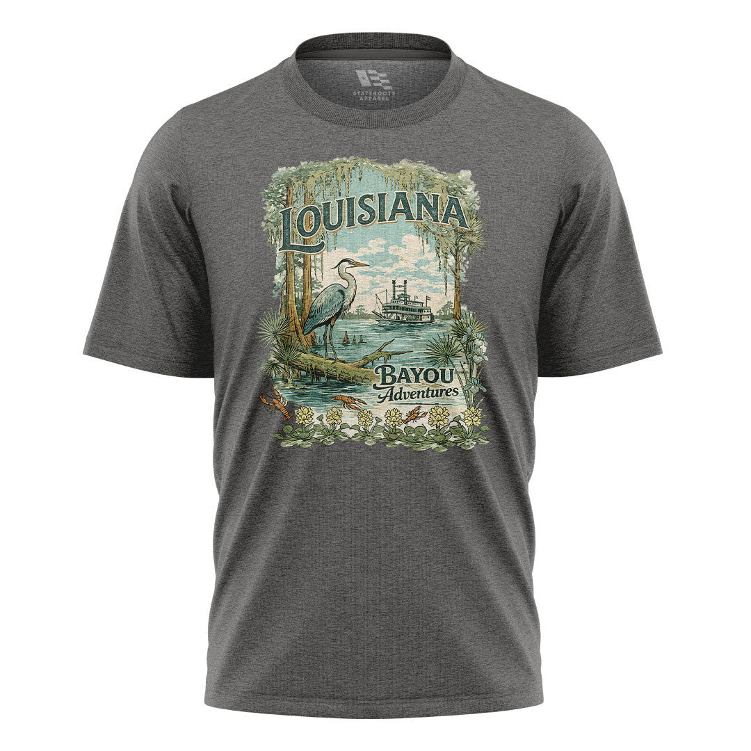 Louisiana Bayou Adventures T-Shirt | Cajun Heron Tee - Charcoal #1