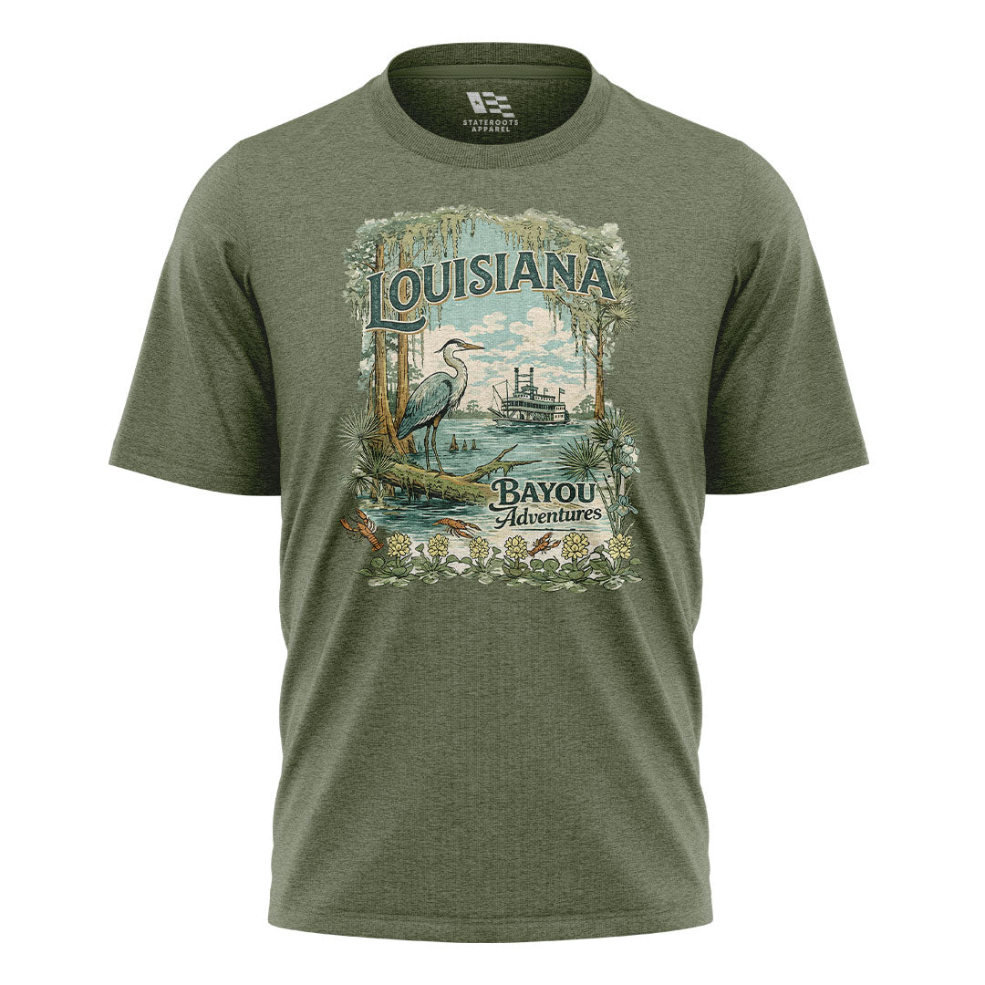 Louisiana Bayou Adventures T-Shirt | Cajun Heron Tee - Military Green #1