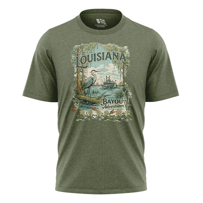 Louisiana Bayou Adventures T-Shirt | Cajun Heron Tee - Military Green #1