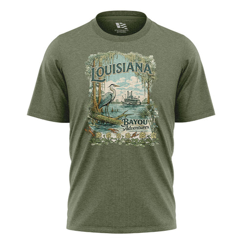 Louisiana Bayou Adventures T-Shirt | Cajun Heron Tee - Military Green #1