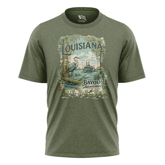 Louisiana Bayou Adventures T-Shirt | Cajun Heron Tee - Military Green #1