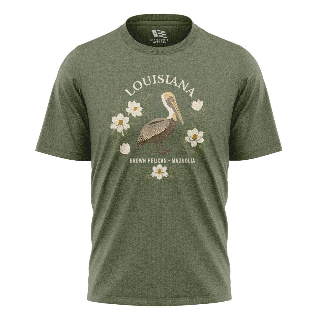 Louisiana Brown Pelican Magnolia T-Shirt | Bird Tee - Military Green #1