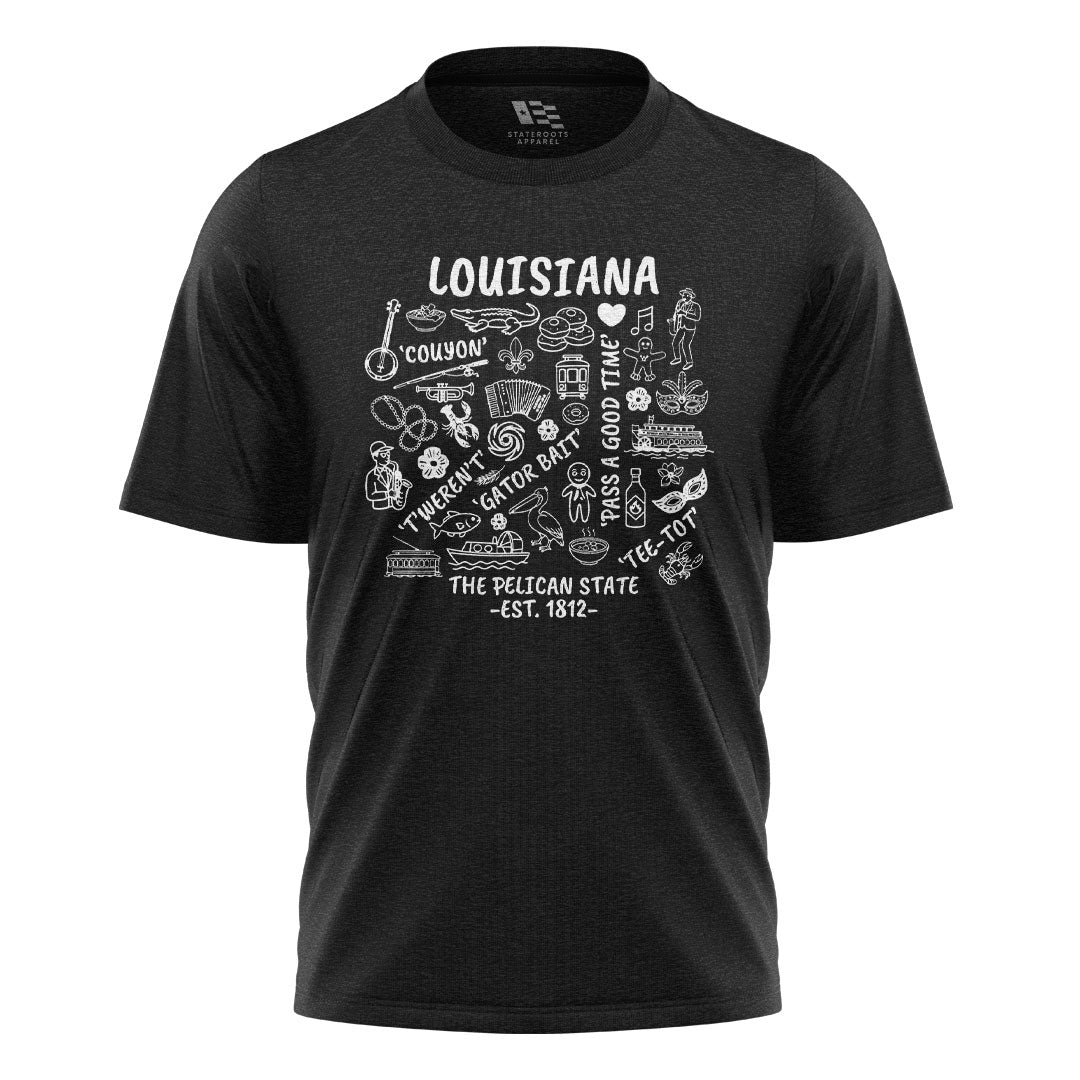 Louisiana Pelican State Icons T-Shirt | Cajun Tee - Black #1
