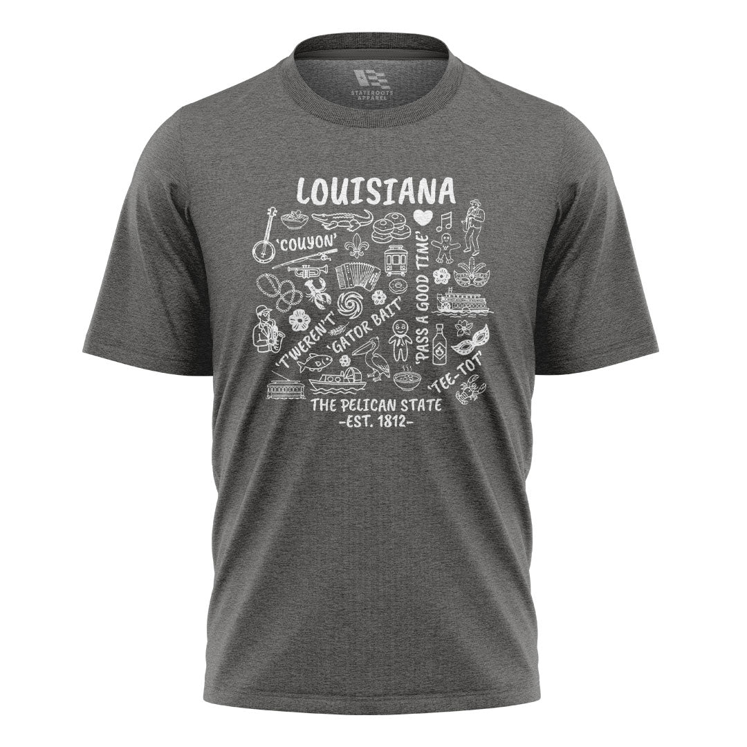 Louisiana Pelican State Icons T-Shirt | Cajun Tee - Charcoal #1