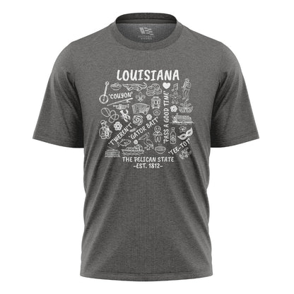 Louisiana Pelican State Icons T-Shirt | Cajun Tee - Charcoal #1