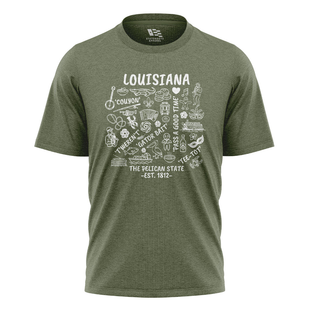 Louisiana Pelican State Icons T-Shirt | Cajun Tee - Military Green #1