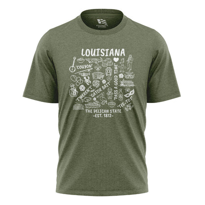 Louisiana Pelican State Icons T-Shirt | Cajun Tee - Military Green #1