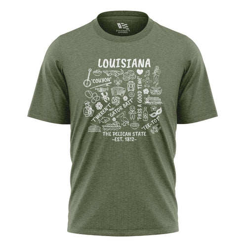 Louisiana Pelican State Icons T-Shirt | Cajun Tee - Military Green #1
