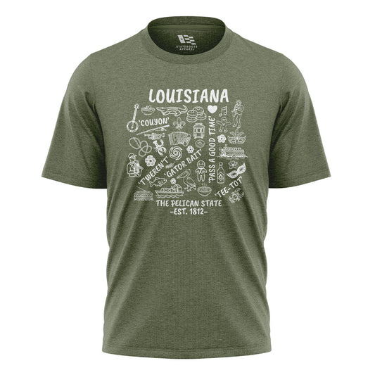 Louisiana Pelican State Icons T-Shirt | Cajun Tee - Military Green #1