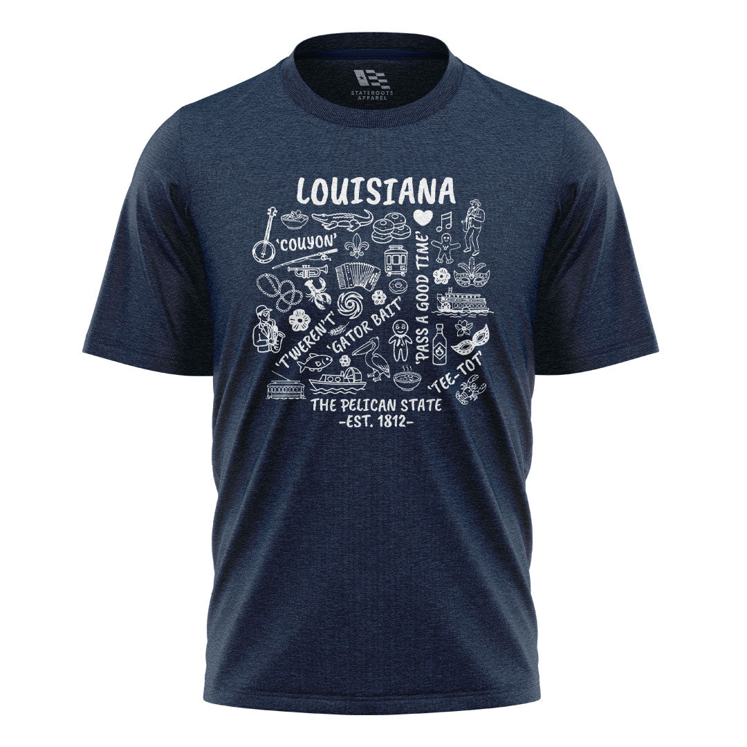 Louisiana Pelican State Icons T-Shirt | Cajun Tee - Navy #1