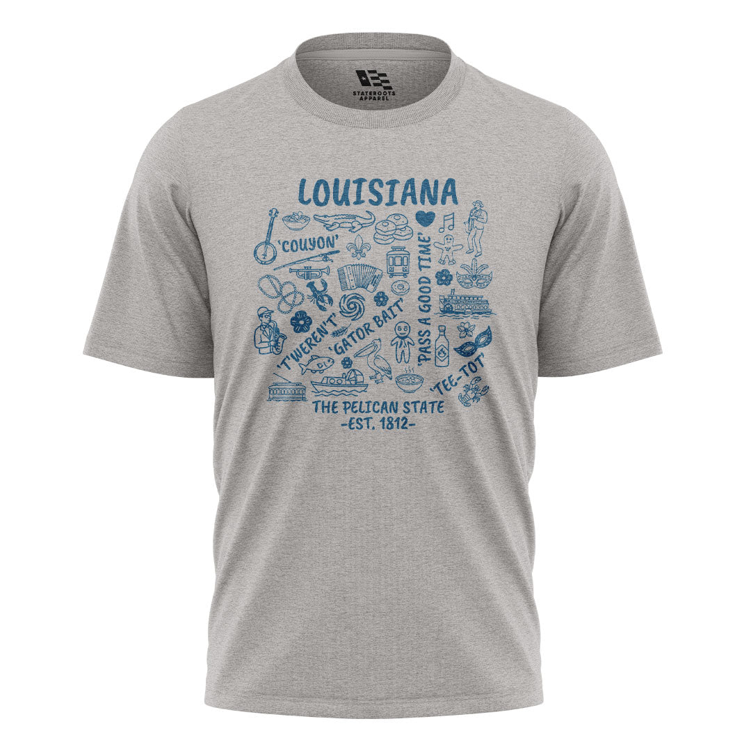 Louisiana Pelican State Icons T-Shirt | Cajun Tee - Sport Grey #1