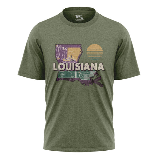 Louisiana State Map Riverboat T-Shirt | Vintage Tee - Military Green #1