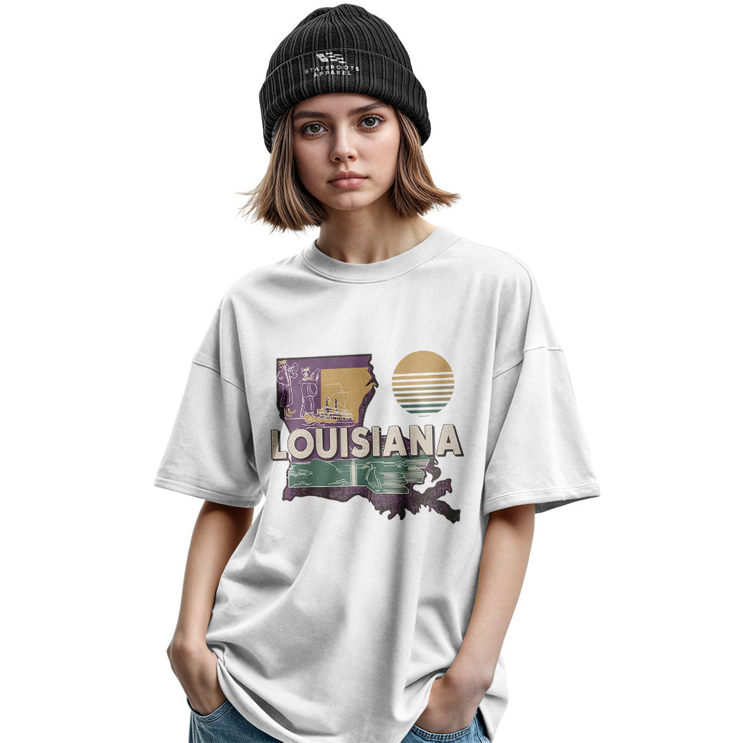 Louisiana State Map Riverboat T-Shirt | Vintage Tee - Military Green #2