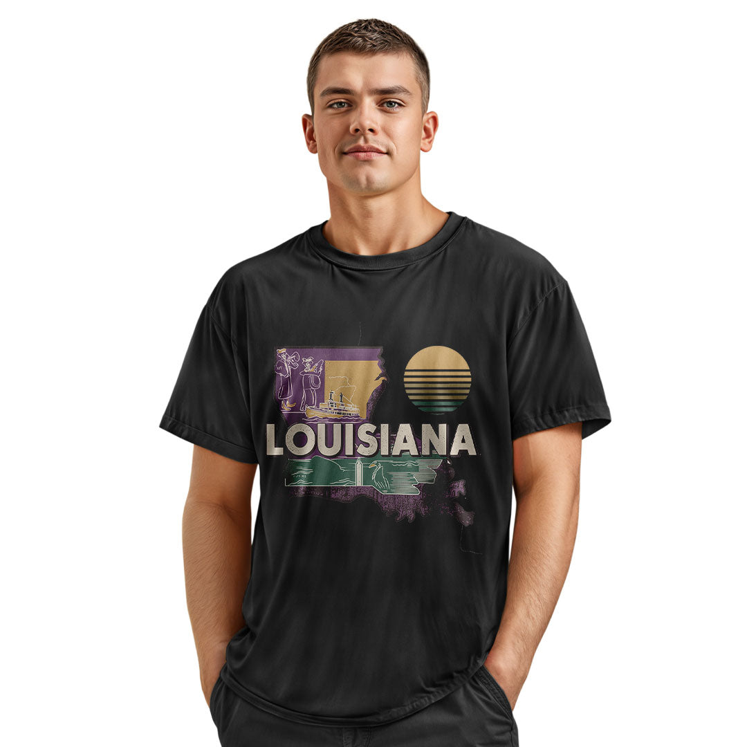 Louisiana State Map Riverboat T-Shirt | Vintage Tee - Navy #2