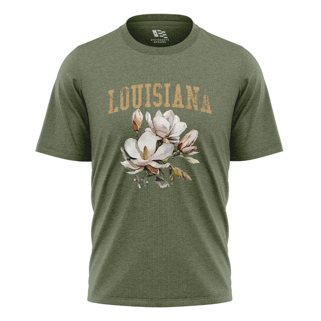 Louisiana Watercolor Magnolia Bouquet T-Shirt | Tee - Military Green #1