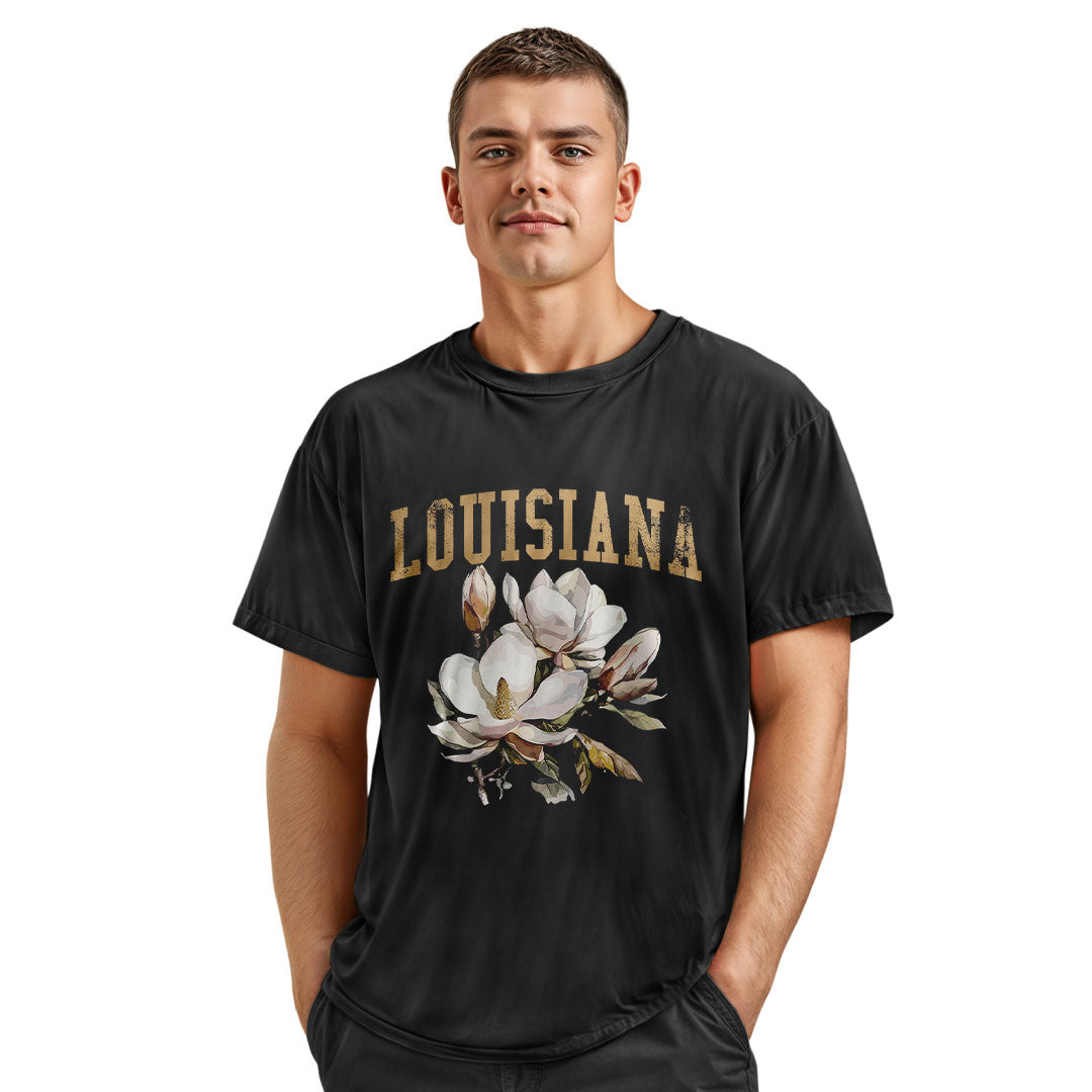 Louisiana Watercolor Magnolia Bouquet T-Shirt | Tee - Navy #2