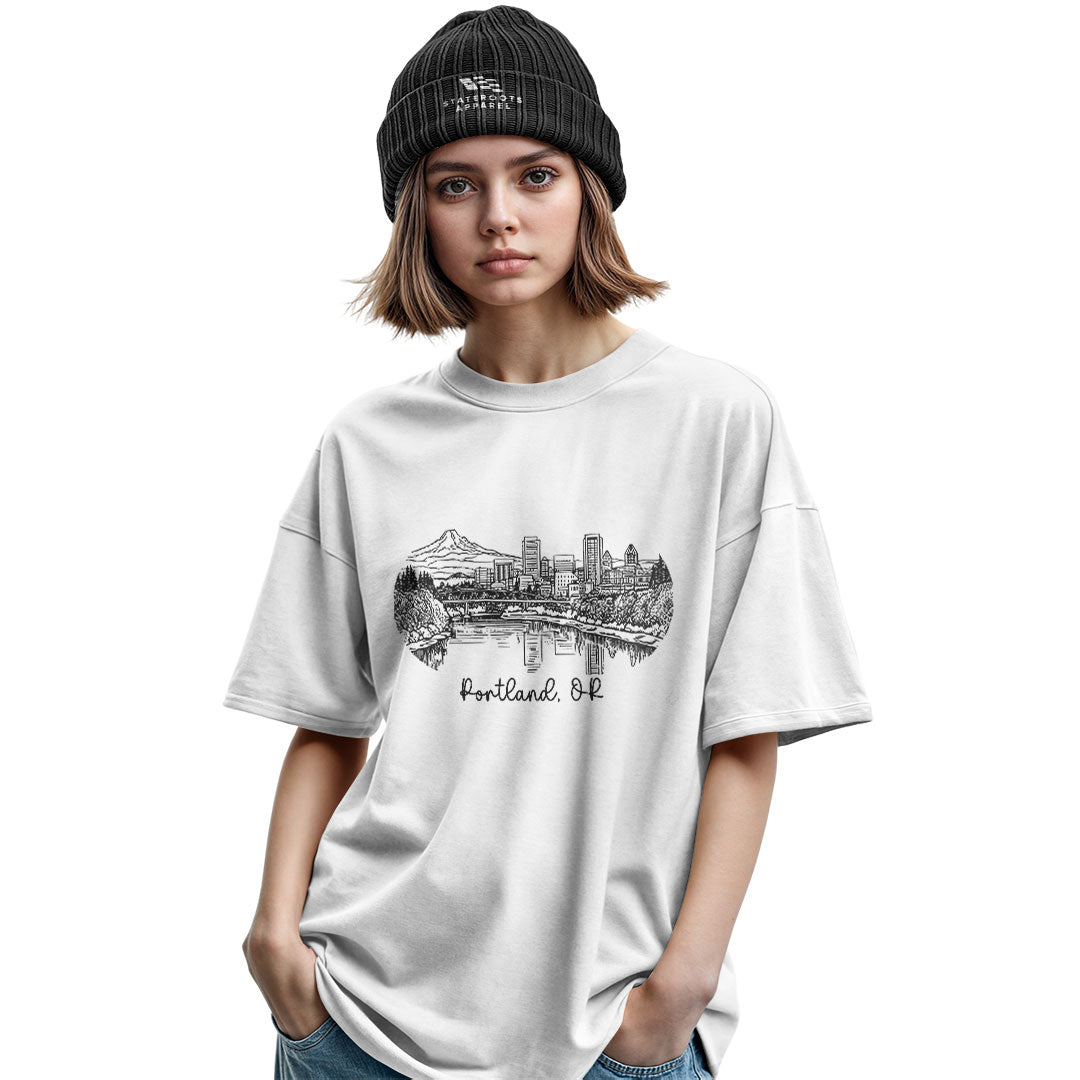 oregon-portland-skyline-line-art-tee military-green
