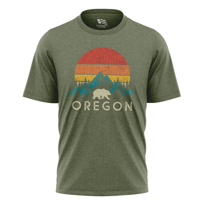 Oregon Retro Sunset Bear Mountains Military Green flatlay